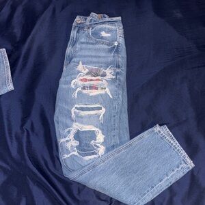 American Eagle Outfitters Light Blue Distressed Jeans with Plaid Patch